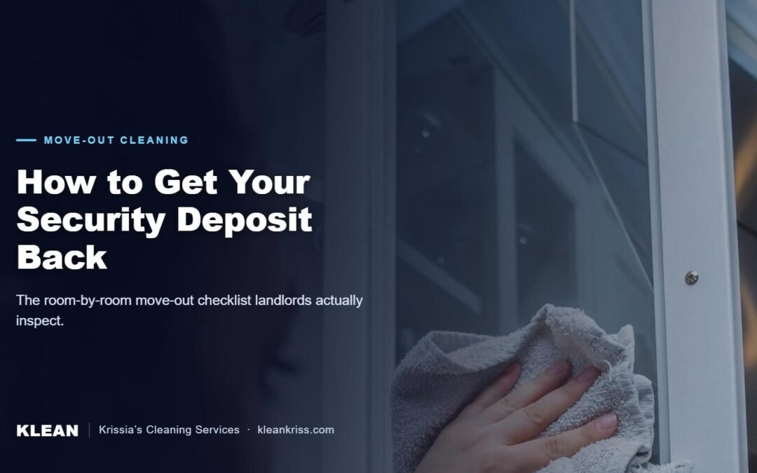 Cleaner wiping a cabinet during a move-out cleaning with the text How to Get Your Security Deposit Back